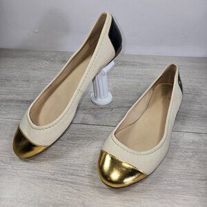 Kate Spade Ballet Flats Sz 9.5M Gold Cap Toe Ivory & Black Designer Casual